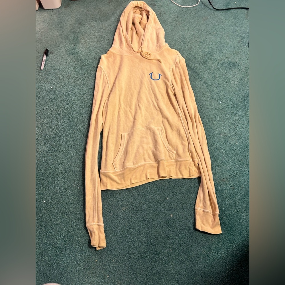 True Religion cream oversized Hoodie with Blue Emblem